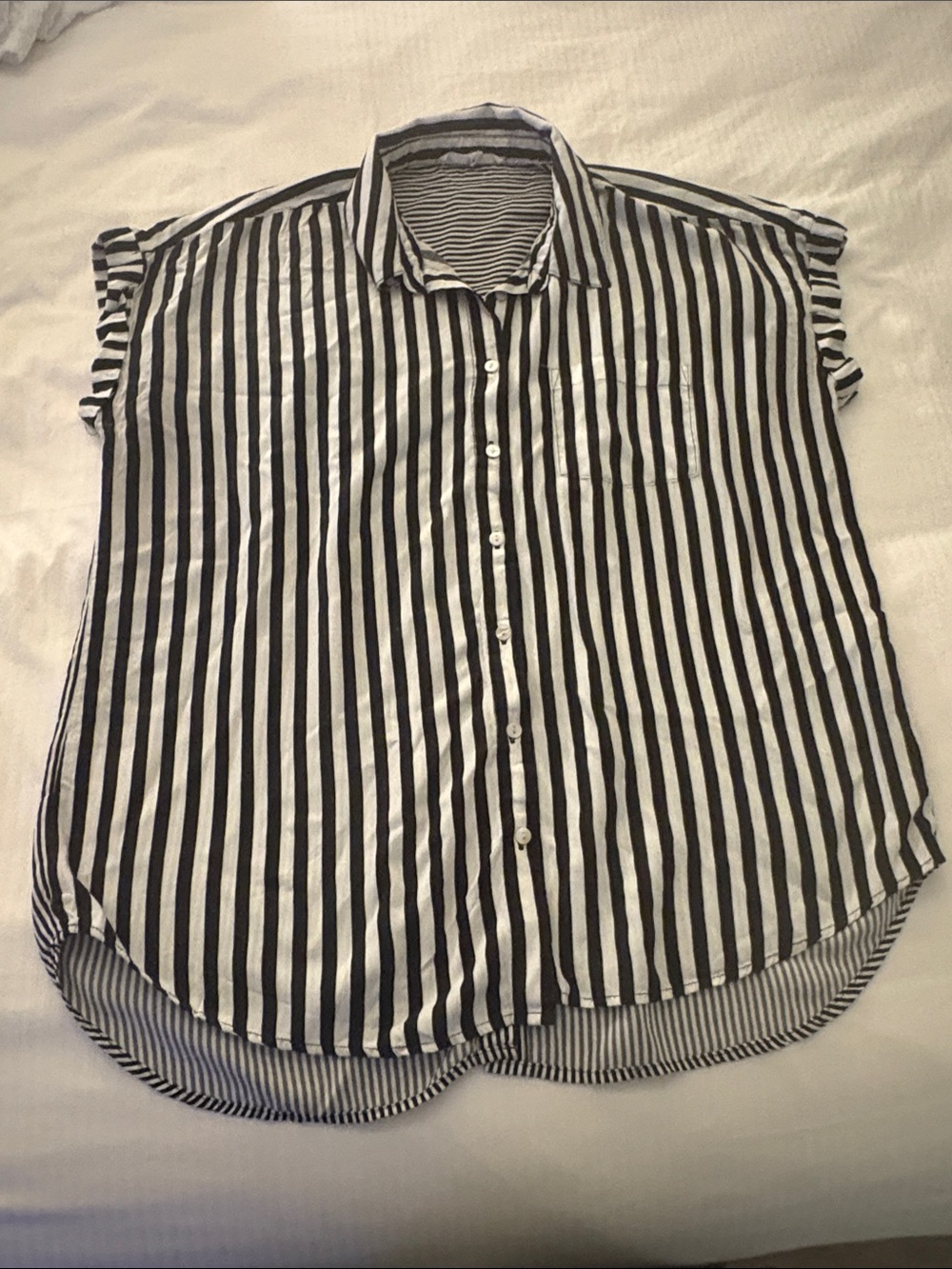 Jane and Delancey Black and White Vertical-Stripe Short Sleeve Button Down